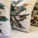 Linen cushion cover featuring hand screen-printed Australian eucalypt fallen leaves illustration