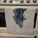 Barra Marine Blue on striped French Linen Tea Towel