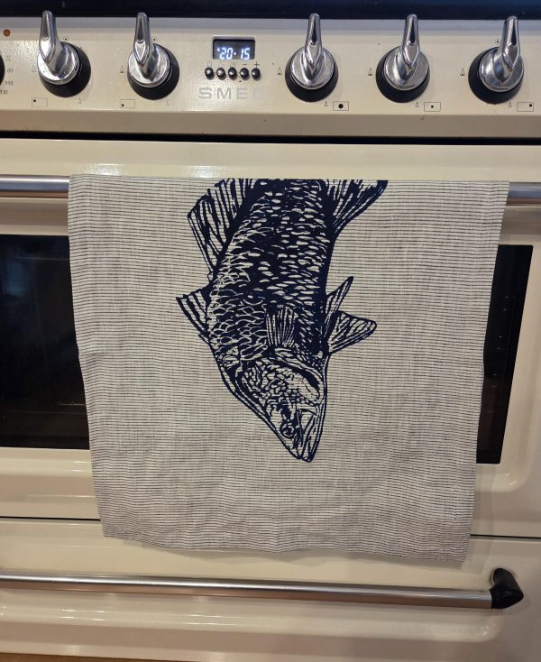 Barra Marine Blue on striped French Linen Tea Towel